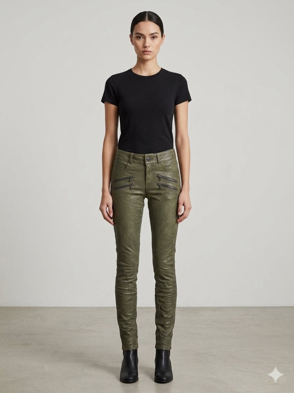 NWT PAIGE 100% Genuine Leather Deep Juniper Green Skinny Moto Pants (25)